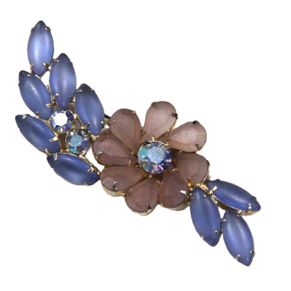FROSTED PINK & BLUE RHINESTONE FLOWER SWAG BROOCH - Picture 1 of 2